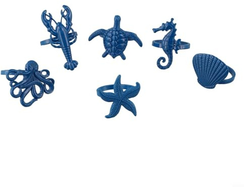 Coastal Serviettenringe, 6er-Set, Metall-Zink-Legierung, Tischdekoration mit Meerestieren, Schildkröte, Seestern, Seepferdchen, Oktopus, für Zuhause, Esszimmer, Bankett (blau)
