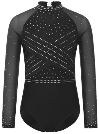 Monduelle Mädchen Turnanzug Glitzer Langarm Gymnastikanzug Langarm Gymnastik Leotard Strass Glänzend Ballettanzug Wettbewerb Tanzkostüm