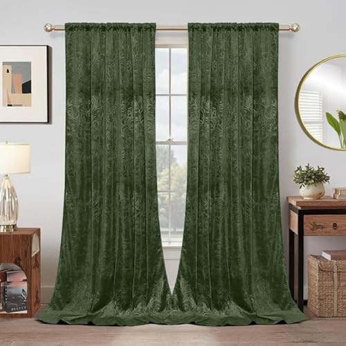 Rosnek Samt Gardinen Vorhang Kräuselband 2er Set, H213 x B132 cm Thermogardine Luxus Vorhang Blickdicht mit Muster, Übergardinen Vorhänge Verdunkelung Barock Deko für Wohnzimmer, Olivgrün