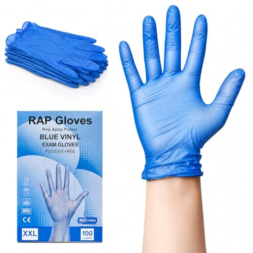 RAP Gloves Blue Vinyl Disposable Gloves XXL Pack of 100 Powder Free | Smooth fit multipurpose handwear, latex free, single use, for kitchens, home tasks, workplaces and light cleaning