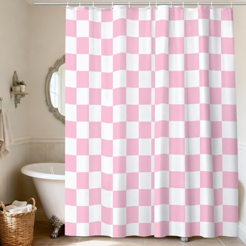 AUYAO Duschvorhang Retro Karo Muster Duschgardine 180x200 cm Duschvorhang Wasserdicht Badevorhang Anti Schimmel Stoff Duschvorhänge Mit 12 Haken Vintage Design Shower Curtains für Badewanne Rosa+Weiß