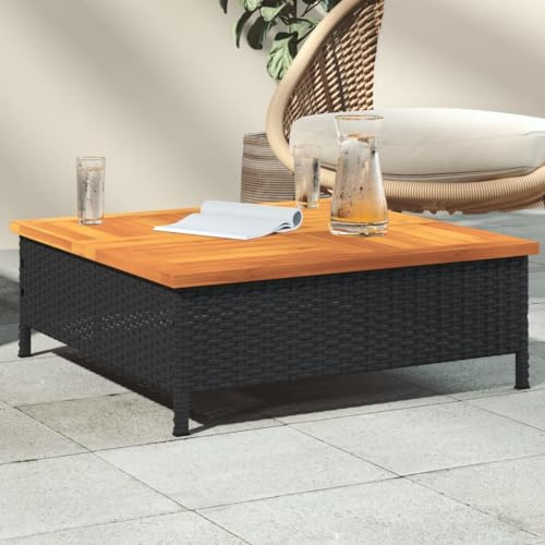 Teenpull Table de jardin noire - 70 x 70 x 25 cm - En rotin et bois d'acacia - Table basse carrée avec trou pour parasol - Résistante aux intempéries - Pour jardin, terrasse, balcon