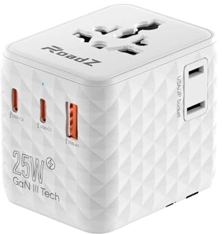 RoadZ Weltweiter Reiseadapter, PD 25W Universal-Reisestecker mit 1 USB-, 2 USB-C- und 1 AC-Steckdose, Galliumnitrid-Schnellkühlung, Ausgestattet mit Doppelsicherung für Deutschland, USA, England usw