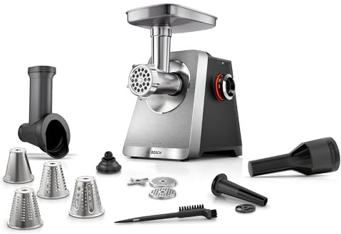 Bosch Fleischwolf Serie 8, 3 Lochscheiben (3/4,5 / 8mm), Edelstahl, spülmaschinenfest, Kebbe- & Wurst-Aufsatz, Durchlaufschnitzler, Motorblockleistung 2.500 W, elektrisch, MultiPower MFWS840M