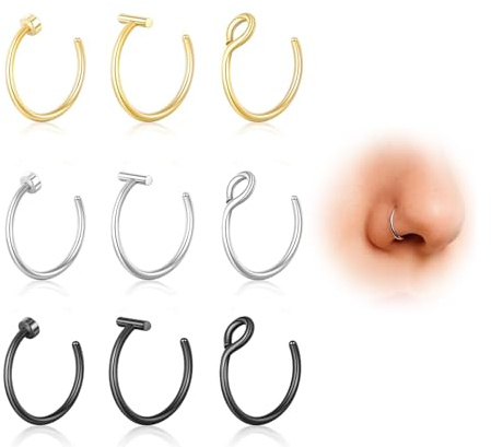 DAILI 9 Stück Titan Fake Nasenring Gold, 20G Faux Nasenpiercing Niedlich Fake Septum Ringe Nicht Piercing Kleiner Clip on Silber Nasenring 8 mm Hoop Schwarz Roségold Nasenreifen für Damen Herren