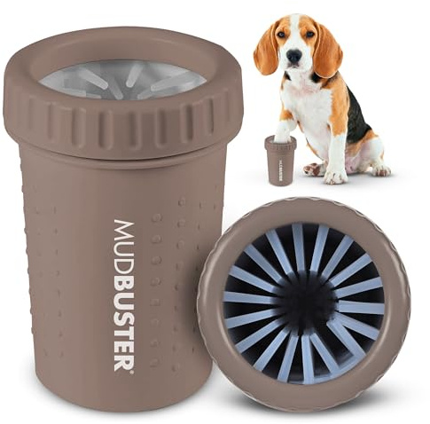 Dexas MudBuster Nettoyeur de pattes de chien de taille moyenne, taupe, nettoyeur de pattes portable pour pattes boueuses, tasse de nettoyage des pattes de chien avec poils doux en silicone, nettoyage