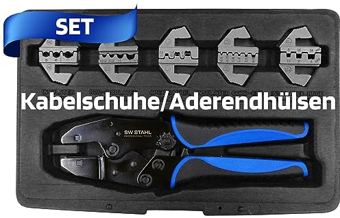SW-Stahl 42585L Kabelschuhklemmzangensatz 6-teilig I Crimpzange mit Wechselbacken 5 Stück I für isolierte und unisolierte Kabelschuhe I Kabelschuhe Klemmzange mit Zwangssperre I Crimpzangen-Set