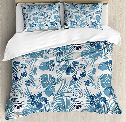 Leaf Bettbezug Set by ambesonne, Insel Meer Ocean Beach Hawaiian Flowers Palm Tree Leaves Art inspiriert Druck, dekoratives Betten-Set mit kissenrollen, blau und lila, Textil, Multi 1, QUEEN / FULL