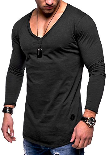 Rello & Reese Herren Oversize Longsleeve V-Neck Rundhals Sweatshirt MT-7314 [Schwarz,