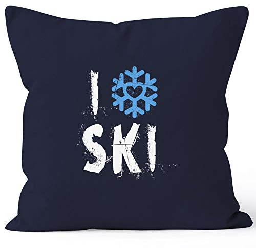 MoonWorks® Kissen-Bezug I Love Ski Ich Liebe Ski Wintersportler Ski-Fahrer Kissen-Hülle Deko-Kissen Baumwolle Navy Unisize