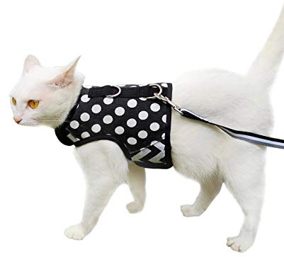 Yizhi Miaow Escape Proof Cat Harness with Leash Extra Large, Adjustable Cat Walking Jackets, Padded Cat Vest Polka Dot Black