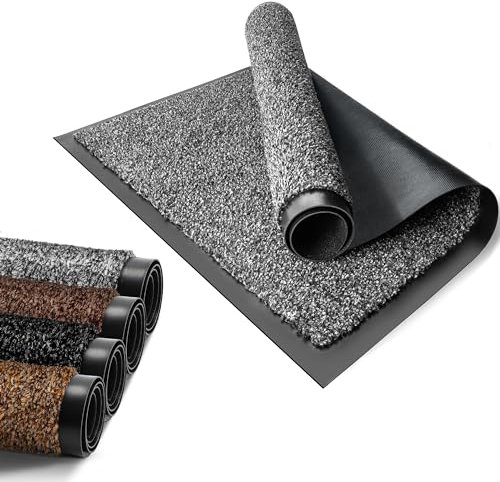 FB FunkyBuys Cotton Door Mats, Rubber Backed Floor Mat, Super Absorbent Non Slip Doormat, Heavy Duty Dirt Trapper Door Mats Indoor & Outdoor (60cm x 90cm, Grey)