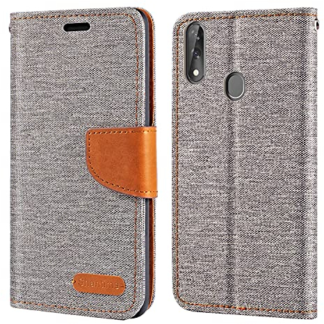 Oxford Stoff und PU Leder Flip Handyhülle Kompatibel mit ZTE Blade V10, Robuste Klapphülle mit Kartenfächern und Magnetverschluss (Grau)