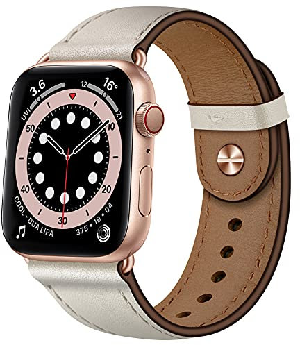 OUHENG Compatible con Apple Watch Band de 49 mm, 45 mm, 44 mm, 42 mm, 41 mm, 40 mm, 38 mm, correa de piel auténtica para iWatch Ultra 2/1 SE2 SE Series 9 8 7 6 5 4 3 2 1 (beige/oro rosa, 49 mm, 45 mm,