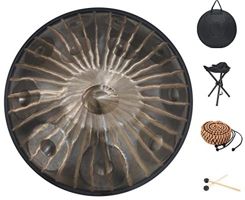 Neue schwere Handpan Stahltrommel, 22 Zoll d-Moll 12 Töne Handtrommel Percussion mit Tasche + Schlägel + Halterung + Dekoration Rattan, Geschenk für Enthusiasten & Anfänger