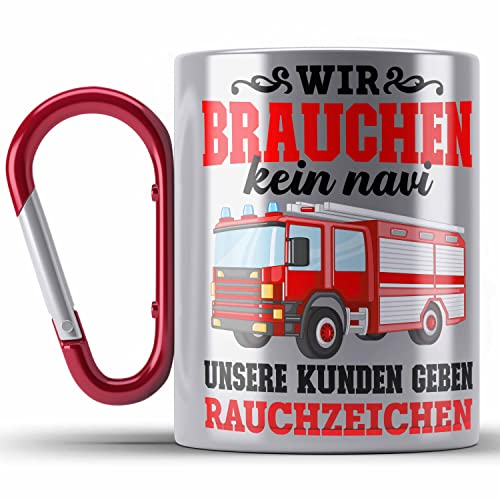 Trendation - Feuerwehr Karabiner Edelstahl Tasse Geschenk Feuerwehrgeschenkartikel Mann Männer Erwachsene Feuerwehrmann Karabiner Edelstahl Tasse Spruch (Rot)