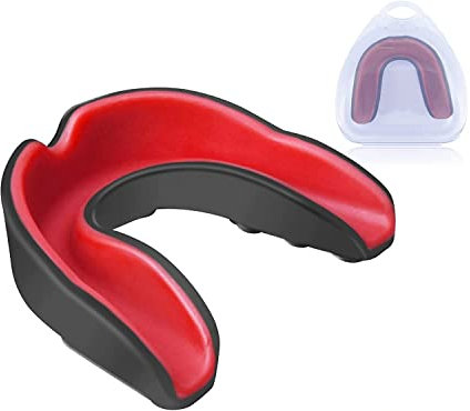 Premium Mundschutz Senior für Erwachsene mit hygienischer Aufbewahrungsbox für Kampfsport (Schwarz-Rot)