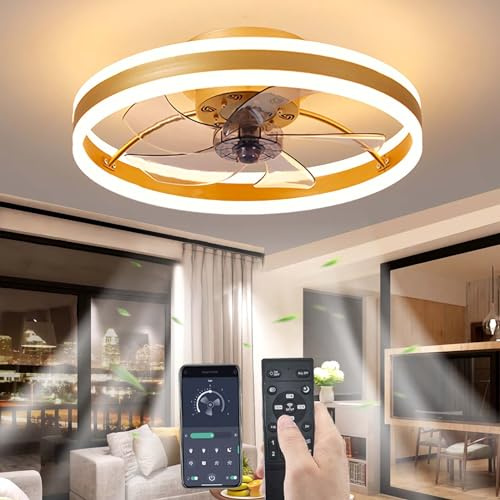 YUNZI Ruhig Deckenventilator mit Licht und Fernbedienung, LED 60W Dimmbar Deckenlampe Modern Deckenventilatoren zum Wohnzimmer Schlafzimmer, 6 Geschwindigkeiten, Dimmen Beleuchtung, Gold, 50CM