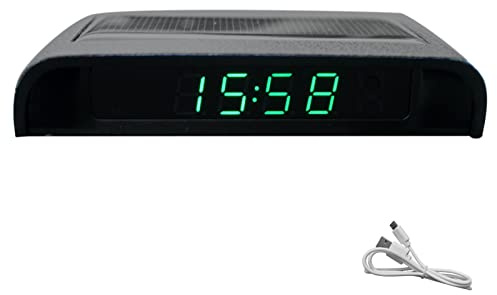 Horloge LCD à énergie solaire pour voiture avec heure (12/24 heures) + date + semaine + température pour tableau de bord numérique multifonction (vert)