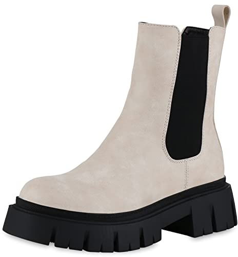 VAN HILL Damen Stiefeletten Plateau Boots mit Blockabsatz Profilsohle