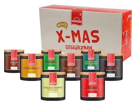 Hartkorn - Herzhafte Weihnachten X-Mas Gewürzbox (8-teilig) Young Kitchen (Arrabbiata, Fleur de Sel mediterran, Pizza Gewürz, Ras el Hanout, Smoky BBQ Rub, Potato Wedges, Stullen, Avocado Topping)