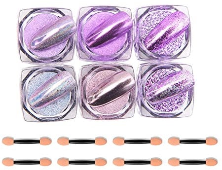 Chrome Nail Powder,6 Boxes Aurora Magic Mirror Effect Nail Powder Dust Manicure Pigments,Holographic Nail Glitter Sequins for DIY Nail Art Design Decoration (Purple)