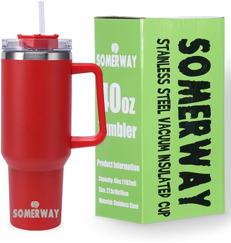 Somerway 1182ml 40oz Kaffeebecher to Go, Doppelwandiger Edelstahl Vakuum Isolierbecher mit Griff und Stroh, Tragbare Autobecher Becher Tumbler Thermobecher Kaffeetasse für Heißer und Kalter Getränke