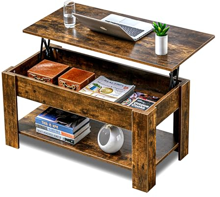 Wood Coffee Table, Coffee Table with Storage, Lift Top Coffee Tables for Living Room with Storage Shelf Rectangular Lift-Top Sofa End Tea Table for Living Room, Rustic Brown, 100L x 50W x (42-57)H cm