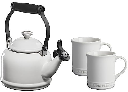 Le Creuset Enamel On Steel Demi Kettle with Metal Finishes & Stoneware Set of 2 Mugs, 1.25 qt. Kettle & (2) 14 oz. Mugs, White