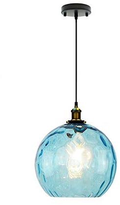 HJXDtech Industrielle Vintage Pendelleuchte mit 20cm Buntem Glaskugel Lampenschirm in Wasserwellen, Antike Bronze E27 Loft Bar Deckenleuchte Hängelampe (Blau)