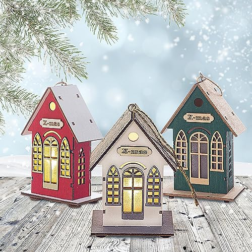 3 Pièces Village de Noel Lumineux en Bois, Maison Village de Noel Miniature LED, Maison de Neige Hiver Blanc, Deco Noel en Bois Lumineuse, Decoration de Noel Interieur à Pile, Décoration de Table Noël