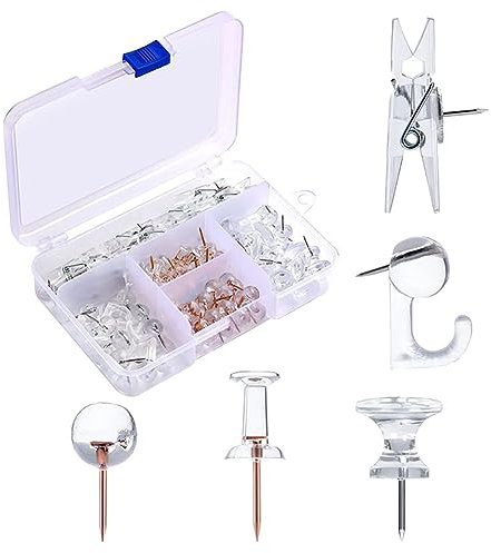 JIHUOO 125 Pcs Clear Pushpin Set Plastic Push Pin Clips Hooks Transparent Thumbtacks Decorative Thumb Tacks Map Tacks Pins for Cork Board Wall Hanging