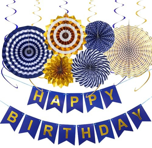 Joyeah Birthday Party Decorations - Happy Birthday Banner, Bunting, Paper Fans for Wedding, Mexican Party Supplies - Blue, Gold