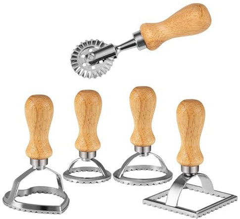 BBTISG 5 Teilig Ravioli Stempel Set, Teigtaschenrad Former mit Holzgriff und Geriffelter Kante Pasta Press Edelstahl Teigtaschen Form und Teigpresse Werkzeug-Set