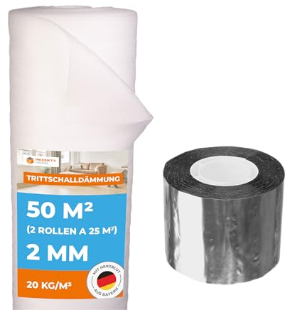 Trittschalldämmung 2 mm Profi Basic 50 m² 2 Rollen + 1 Rolle Aluminium Klebeband | Laminatunterlage und Parkettunterlage zur Schall- und Wärmedämmung | Fußbodenheizung
