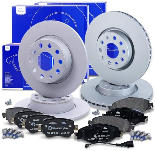 ATE Bremsenset inkl. Bremsscheiben vorne Ø 312 mm belüftet + hinten Ø 272 mm voll und Bremsbeläge vorne + hinten und Verschleißkontakt Kompatibel mit SEAT LEON, SKODA OCTAVIA 3, VW CADDY