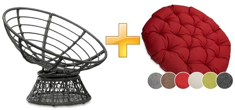 sunnypillow Papasansessel | Rattansessel mit Kissen rund Durchmesser 120 cm | gemütlicher Loungesessel drehbar für Wohnzimmer | Balkon Sessel Korbsessel Rattan Lesesessel | Outdoor/Indoor | Rot
