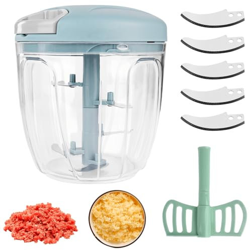 5 Blades Pull Chop Manual Food Chopper with Pull String, Handheld Food Shredder, Slicer, Cutter, Dicer for Onions Garlic, Manual Food Processor, Blender Chopping Machine (Blue)