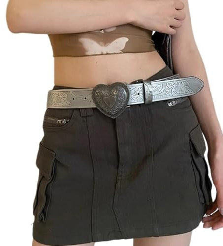 CAZSTYK PU-Gürtel mit Herz-Schnalle für Damen, Taillengürtel der 2000er Jahre, Prägemuster, Gürtel für Teenager, Mädchen, Western-Cowgirl-Bund, grau, As detailed discription
