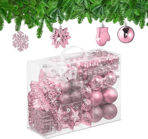 Relaxdays Palline di Natale, Set 100 Addobbi Natalizi, Palle Opache, Lucide, Glitter, 10 Design Diversi, Plastica, Rosa