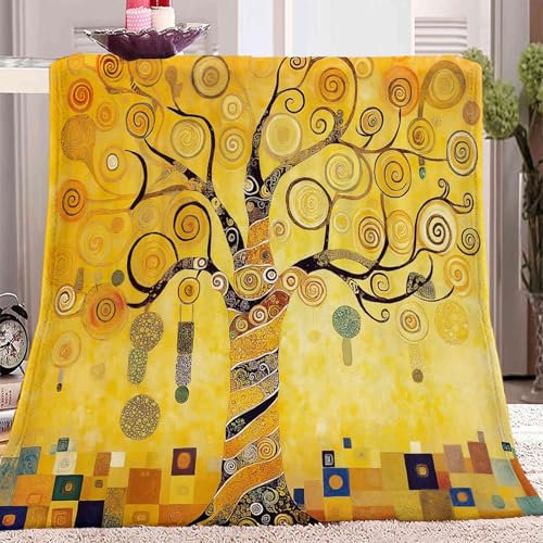 Fleecedecke Goldener Lebensbaum Im Klimt-Stil Gold Kuscheldecke Überwurf Decke Weiche Sofadecke Bettdecke, Flauschig Weicher Überwurf Couchdecke für Reisen und Camping 130x150 cm