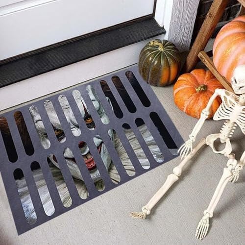 FENGSHENG-SHOP Halloween 3D Illusion Clown Door Mat, Halloween Sewer Doormat, Horror Clown Stereo Vision Rug Decorations Indoor and Outdoor Welcome Doormat Scary Anti-Slip Carpet