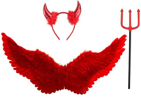 Winwild 3er Engelsflügel Rot mit Teufelshörner & Zauberstab Set,Engel Flügel 60CM Engel Teufel Feen Kostüm Kinder Accessoires für Halloween Karneval Cosplay Party Fasching Verkleidung