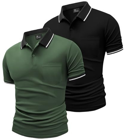 JACKETOWN 2er Pack Poloshirts Herren Kurzarm Golf Polo Hemd Männer mit Tasche Schnelltrocknend Atmungsaktives Work Polohemd Herren Sommer Slim Fit Shirt Tennis Basic Tshirt(Schwarz Armeegrün M)