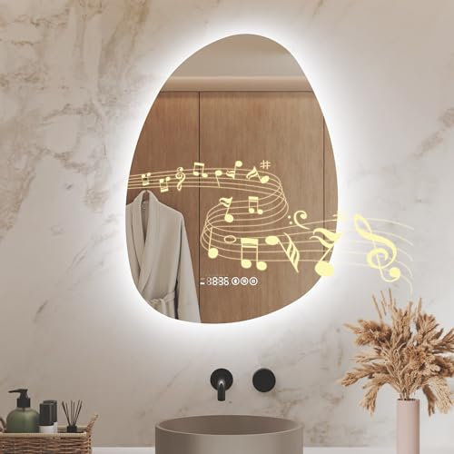 S'AFIELINA Miroir de Salle de Bain avec Éclairage Asymétrique 75 x 55 cm, Interrupteur Tactile, 3 Couleurs de Lumière Réglables, Antibuée, Bluetooth, Horloge, Température et Fonction Mémoire