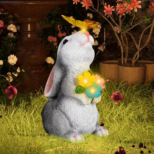 Kaninchen Deko mit Solar Laterne Gartendeko Figuren, Kaninchen Gartenstatuen mit Solarlicht, Osterhase mit Schmetterling Blumen, Gartendeko Statue mit solar für Rasen Balkon Teich Garten Draußen Deko