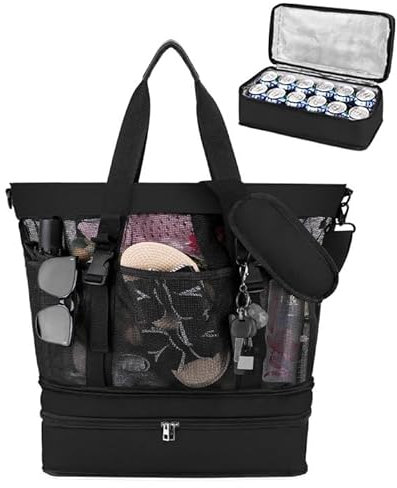 Dreamtop 2-in-1 schwarz Große Strandtasche xxl familie mit Reißverschluss Wasserdichter Kühltasche, Verstärkte Strandtasche 10 Taschen Tote Mesh für Pool Strand Reisen Camping verstellbare Crossbody