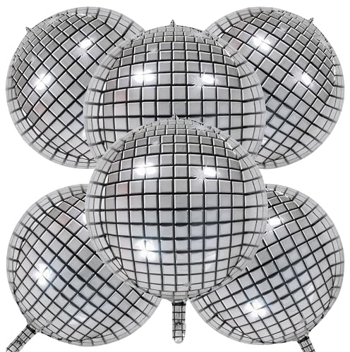 Discokugel Deko Helium Ballons, 6 Stück 4D Discokugel Luftballons, Wiederverwendbar Silber Folienballons Party Deko für Silvester, Disco, Abschlussball, Hochzeit & Geburtstag