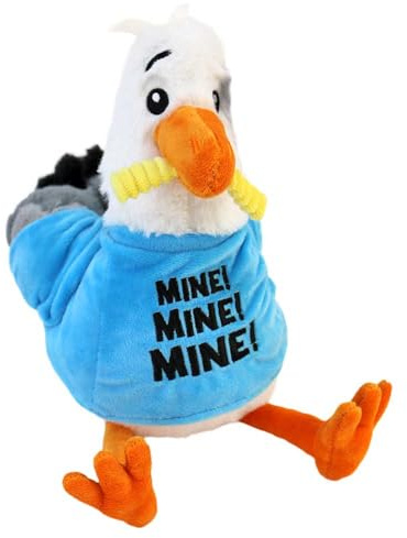 BEMIRO Möwe Kuscheltier mit T-Shirt – 32 cm – Lustige Sprüche – Gestickte Augen – Kuschelig weich (Blau)