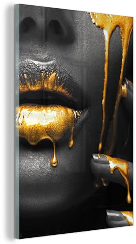 MuchoWow© Glasbilder Deko Schlafzimmer Aesthetic Wohnzimmer Glas Gemälde | 40x60 cm - Foto Geschenk Living Room Decoration Frau - Schwarz - Gold - Gesicht - Lippen